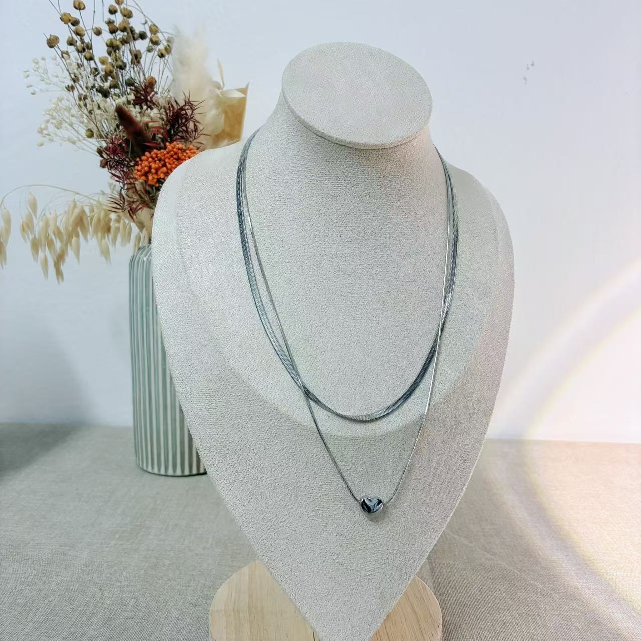 COLLANA DOPPIO FILO SNACK E CUORE IN ACCIAIO INOX DA DONNA