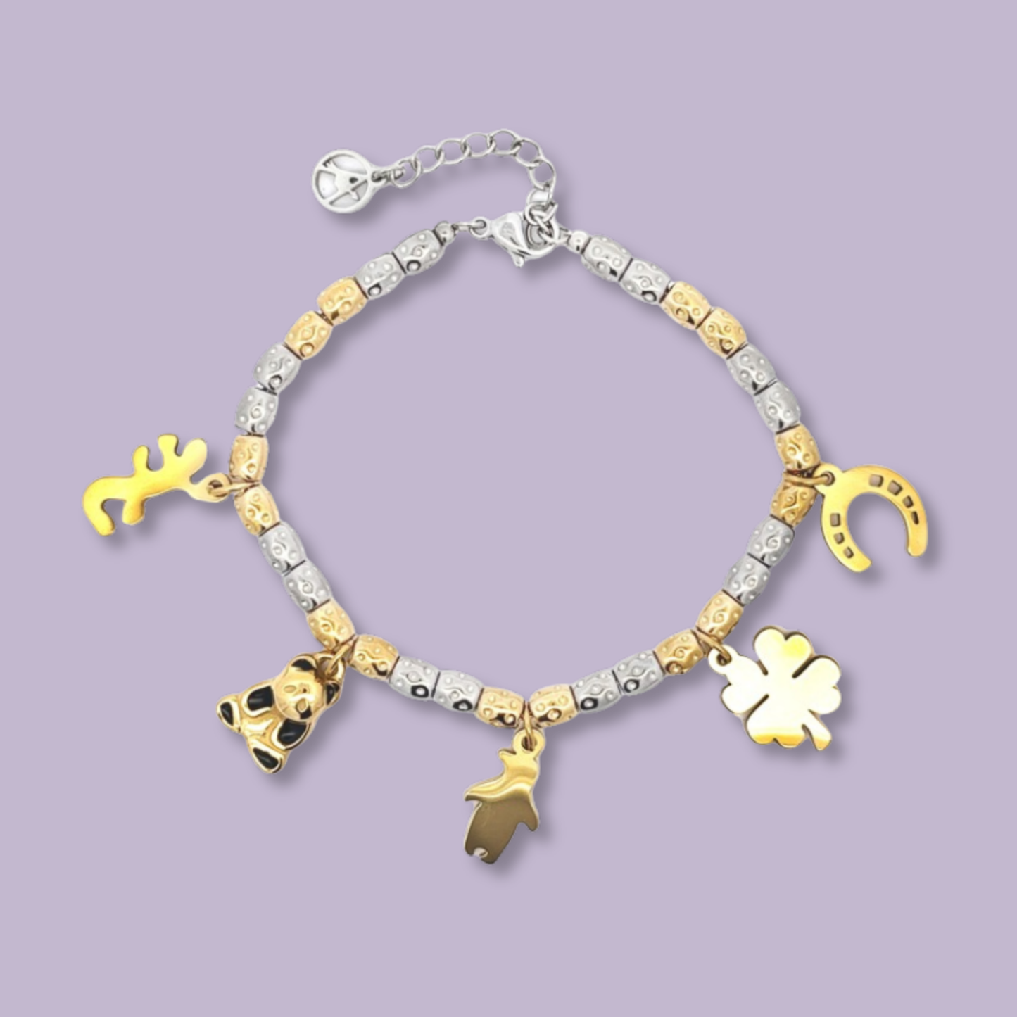 (B164)Bracciale con pepite e pendente panda in acciaio inox