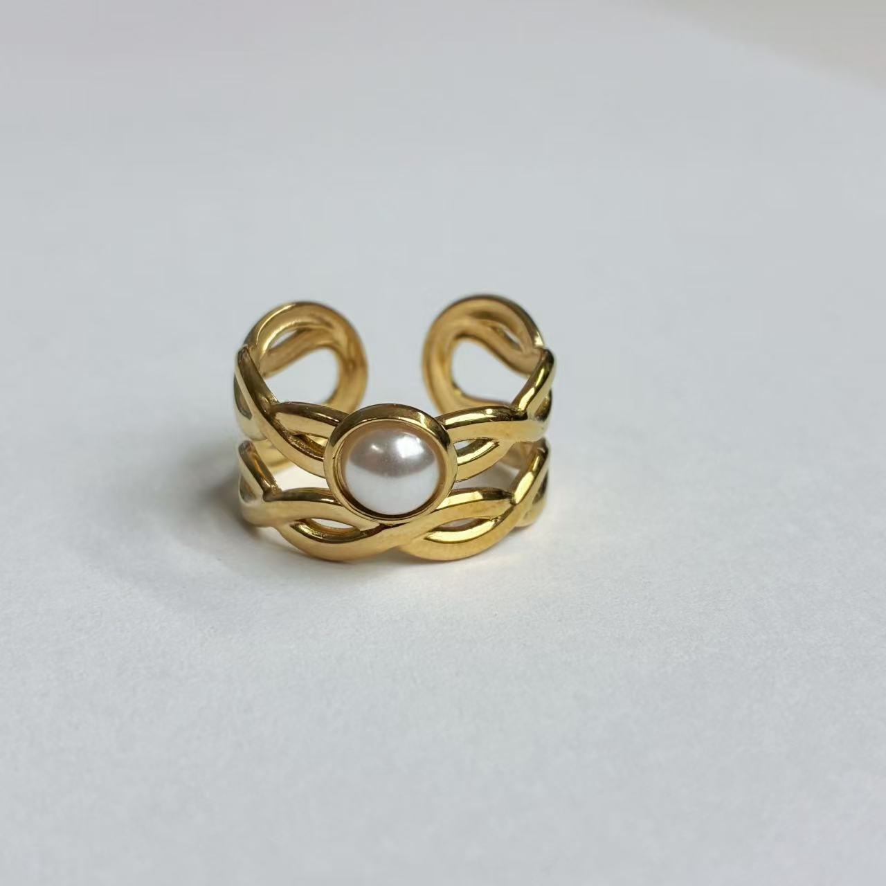 Anello Aperto con Perla – Acciaio Inossidabile Oro