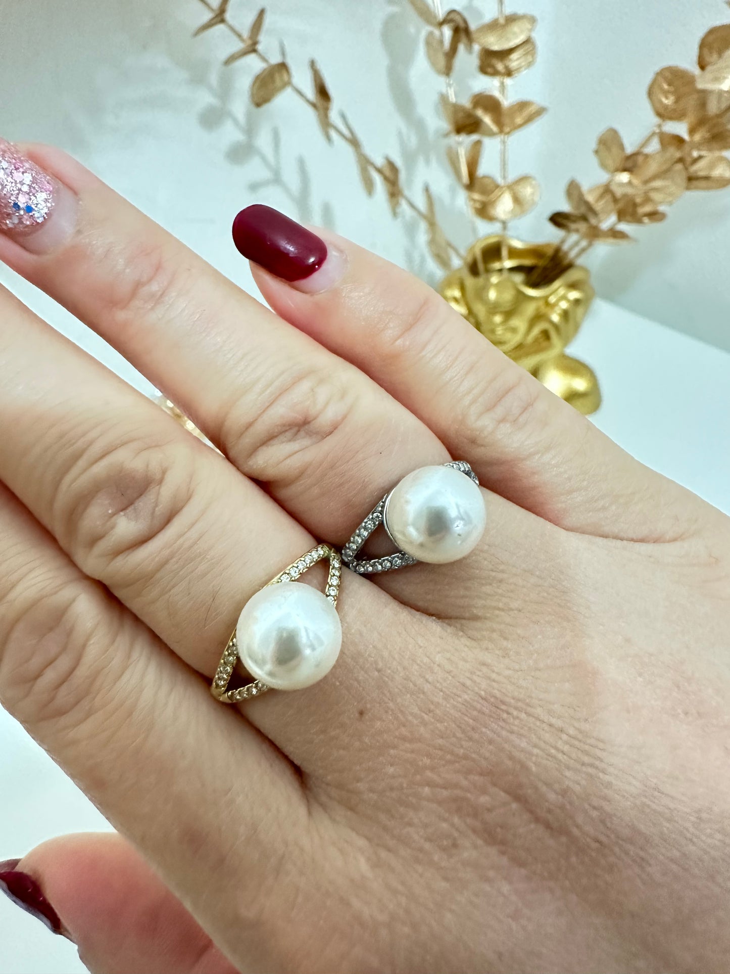 Anello con perla zircone regolabile acciaio inox (A67)