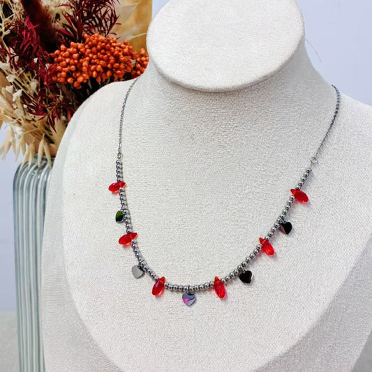 Collana “Cuori di Fuoco” – Acciaio Inossidabile & Cristalli Rossi