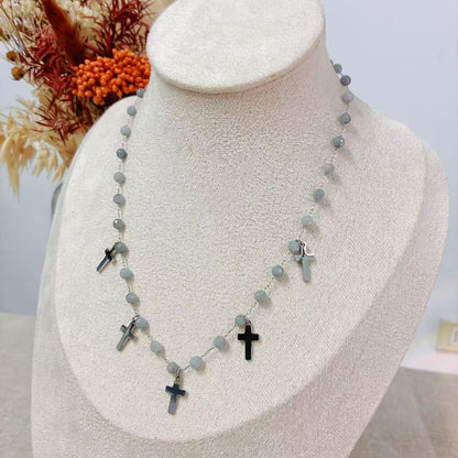 Collana “Fede & Luce” – Pietre Grigie e Croci in Acciaio Inossidabile