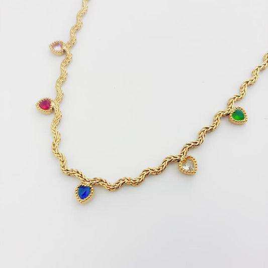 Collana Treccia Dorata con Ciondoli Colorati a Goccia