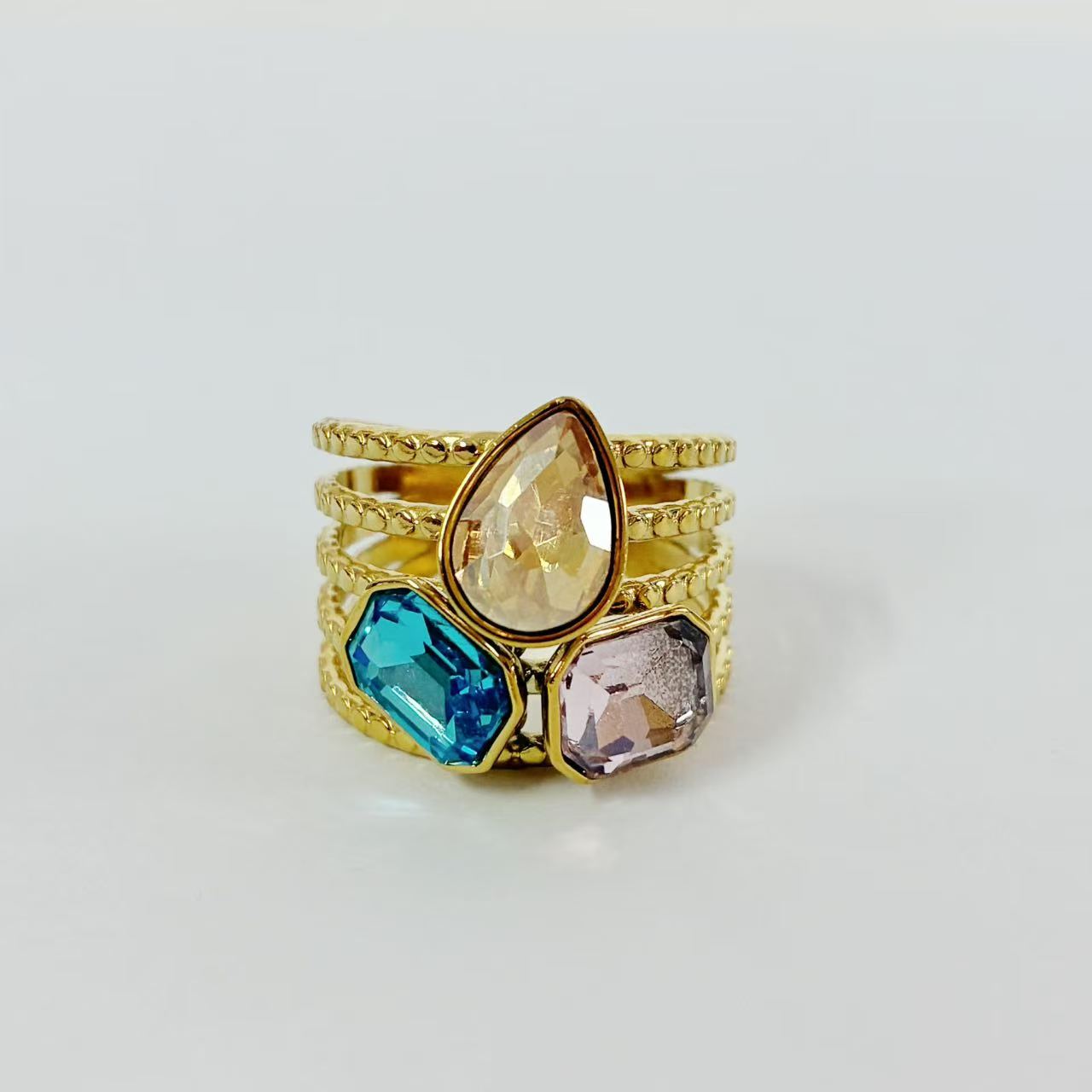 Anello “Tris di Cristalli” | regolabile | in acciaio inox