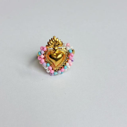 Anello Cuore Dorato con Perline Pastello