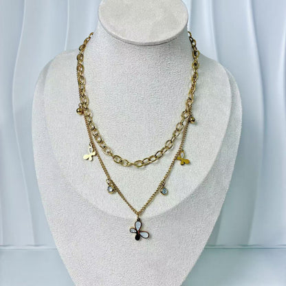 (C242)Collana doppio filo con farfalla in acciaio inox