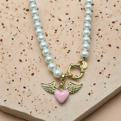 (C316)Collana cuore rosa smaltato con ali