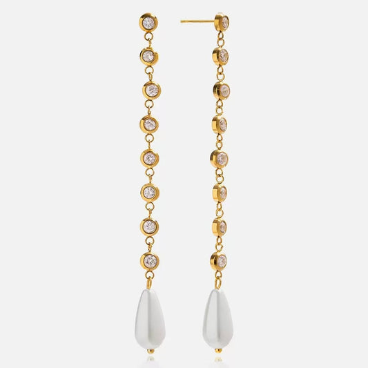 Orecchini Pendenti con Cristalli e Goccia Perlacea — Eleganza Slanciata e Luminosità Raffinata
