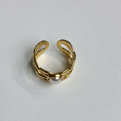 Anello Aperto con Perla – Acciaio Inossidabile Oro