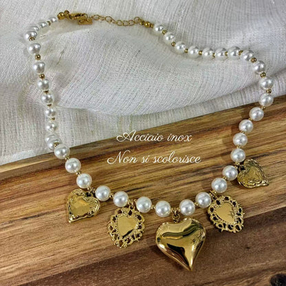 (C036) COLLANA DONNA PERLINE CON PENDENTI IN ACCIAIO INOX