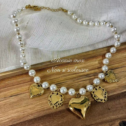 (C036) COLLANA DONNA PERLINE CON PENDENTI IN ACCIAIO INOX