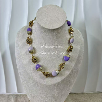 (C039) COLLANA LILLA GIROCOLLO IN ACCIAIO INOX E RESINA