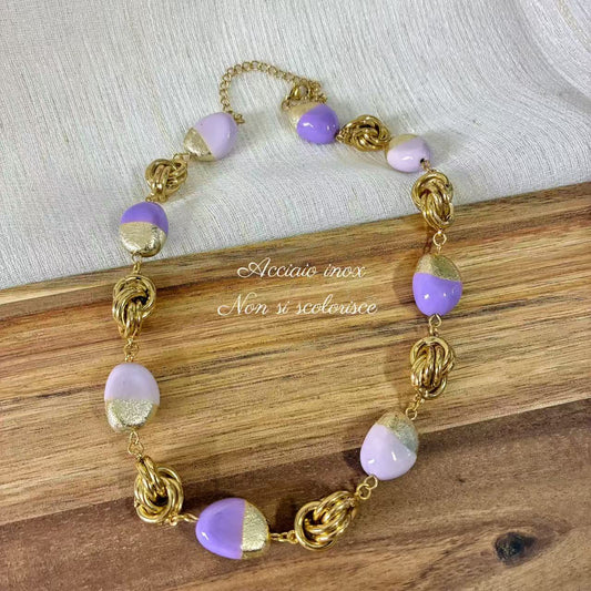 (C039) COLLANA LILLA GIROCOLLO IN ACCIAIO INOX E RESINA