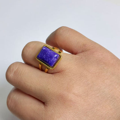 Anello con Pietra Rettangolare Viola – Acciaio Inossidabile Oro