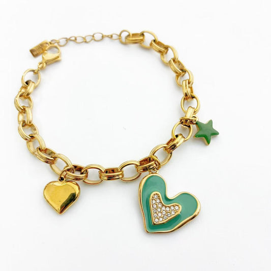 Bracciale a Maglie con Cuore Smaltato Verde &amp; Stella – Stile Gioioso