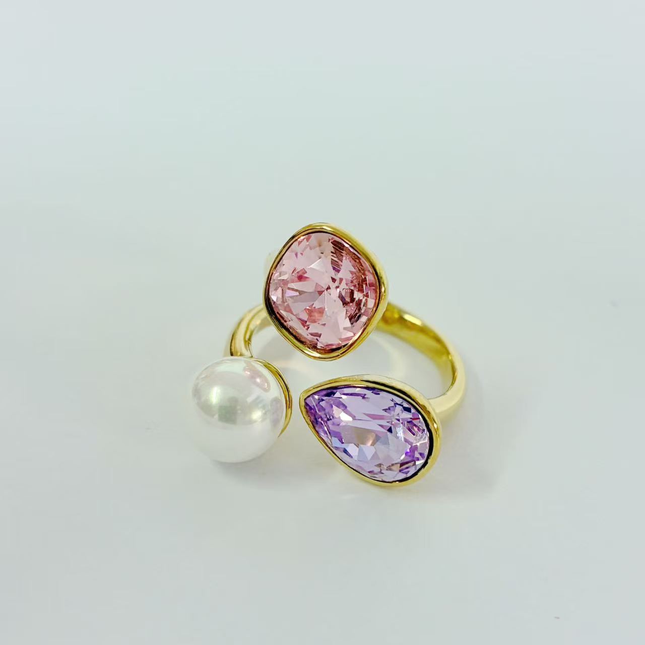 Anello “Gocce di Colore” con perla e cristalli assortiti | regolabile | in acciaio inox