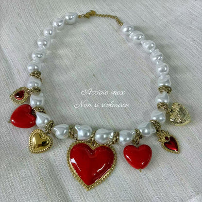 (C040) COLLANA CON CUORI ROSSI  RESINA E ACCIAIO INOX