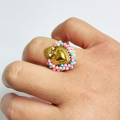 Anello Cuore Dorato con Perline Pastello