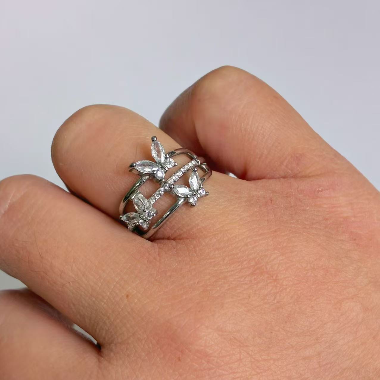 Anello Argento con Farfalle e Zirconi – Acciaio Inossidabile