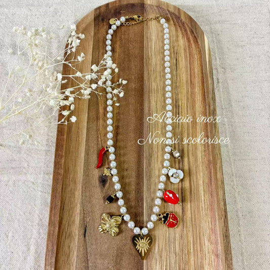 (C041)COLLANA CON CIONDOLI IN ACCIAIO INOX