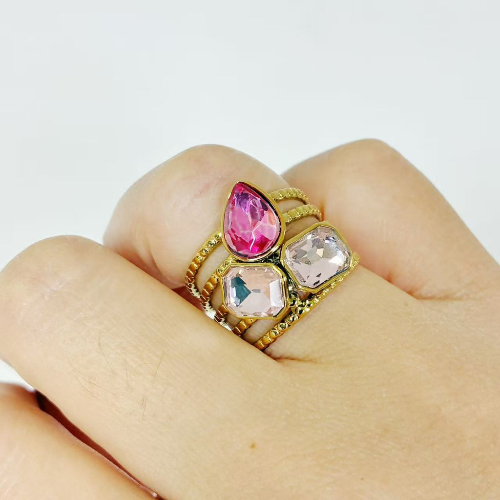 Anello “Tris di Cristalli” | regolabile | in acciaio inox