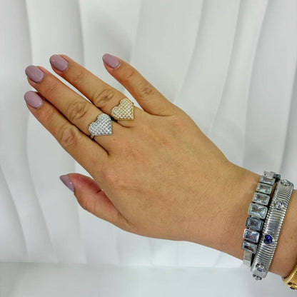 (A139)Anello cuore pave’ regolabile in acciaio inox