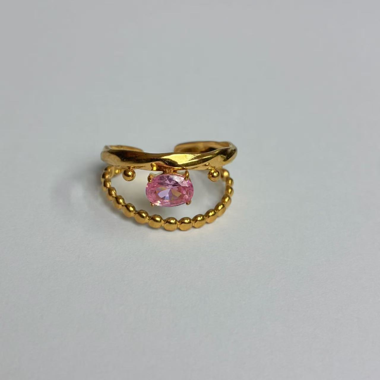 Anello Aperto con Zircone Rosa – Doppia Fascia Elegante