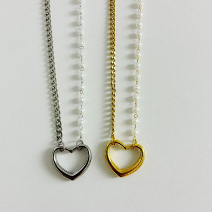 (C368)Collana Cuore con Perle e Catena