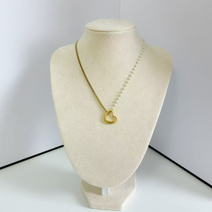 (C368)Collana Cuore con Perle e Catena