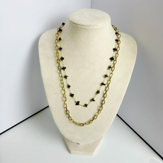 (C374)Collana a Doppio Filo con Maglie e Perle Nere