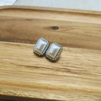 (O229)Orecchini rettangolari con perla e zirconi