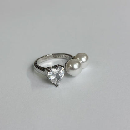 Anello Cuore con Doppia Perla – Acciaio Inossidabile