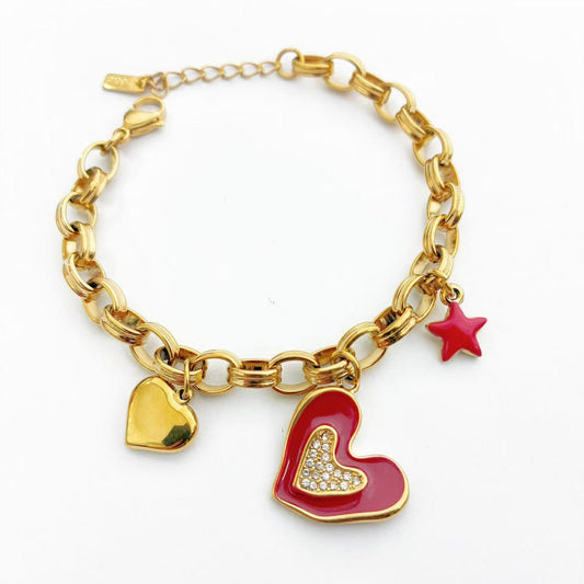 Bracciale Charm – Catena Importante con Cuore Rosso e Stella