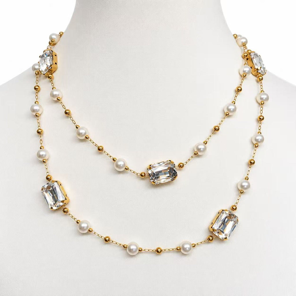 Collana con le perle e zirconi 85cm | in acciaio inox