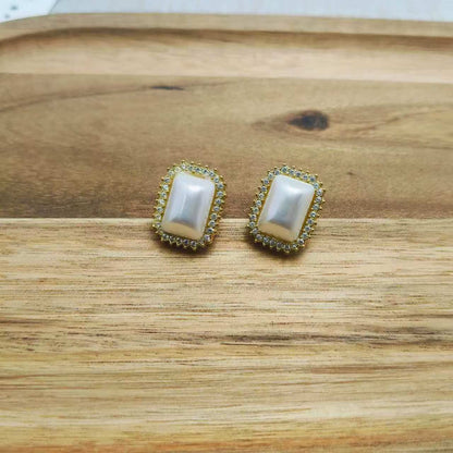 (O229)Orecchini rettangolari con perla e zirconi