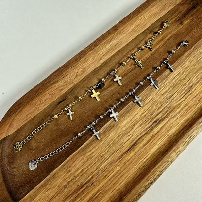 (B067) BRACCIALE DONNA CON PENDENTI CROCI IN ACCIAIO INOX