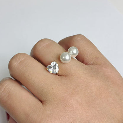 Anello Cuore con Doppia Perla – Acciaio Inossidabile