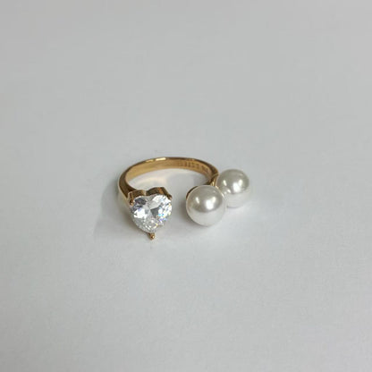 Anello Cuore con Doppia Perla – Acciaio Inossidabile