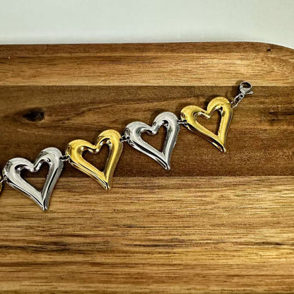 (B071) BRACCIALE DONNA BICOLORE CUORI IN ACCIAIO INOX