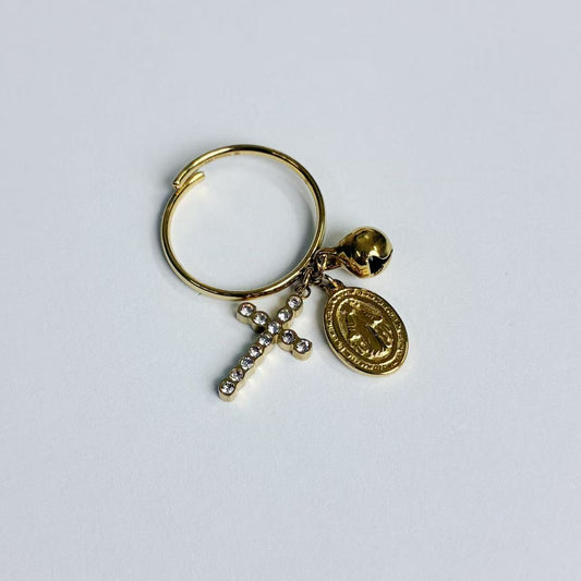 Anello con Ciondoli Croce e Medaglietta – Acciaio Inossidabile