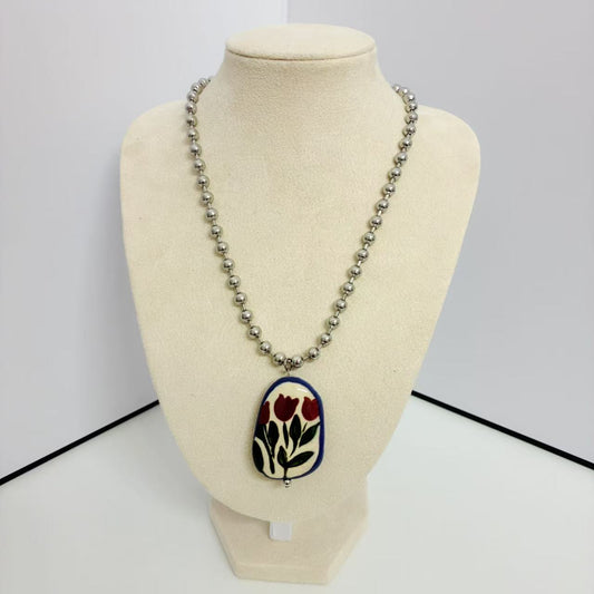 (C363)Collana artistica con ciondolo smaltato floreale