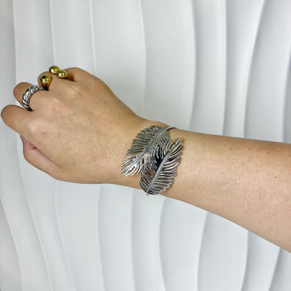 (B146)Bracciale rigido donna con molla foglie in acciaio inox