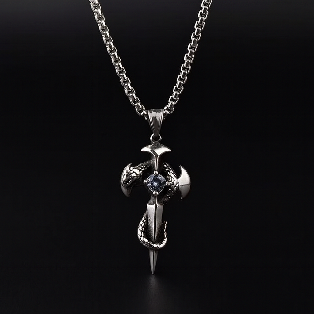 (C333)Collana Uomo Pendente Spada e Serpente Gotico