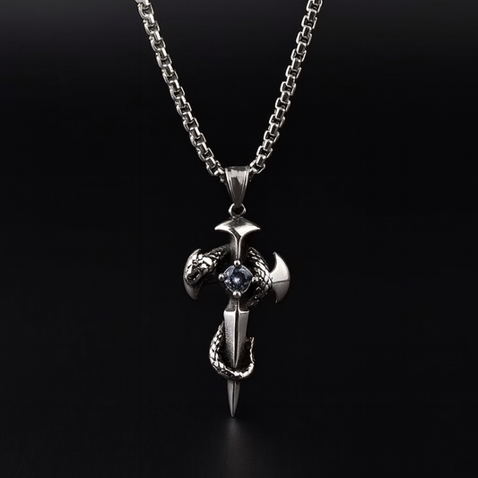 (C333)Collana Uomo Pendente Spada e Serpente Gotico
