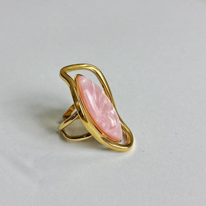 Anello con Pietra Rosa Ovale – Acciaio Inossidabile Oro