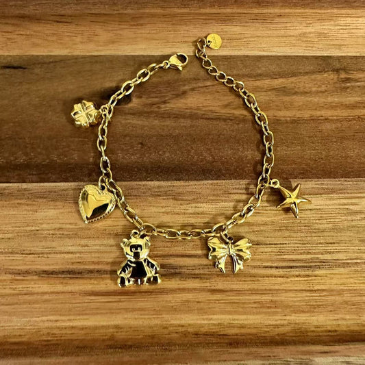 (B080) BRACCIALE DONNA CON PENDENTI TEDDY IN ACCIAIO INOX