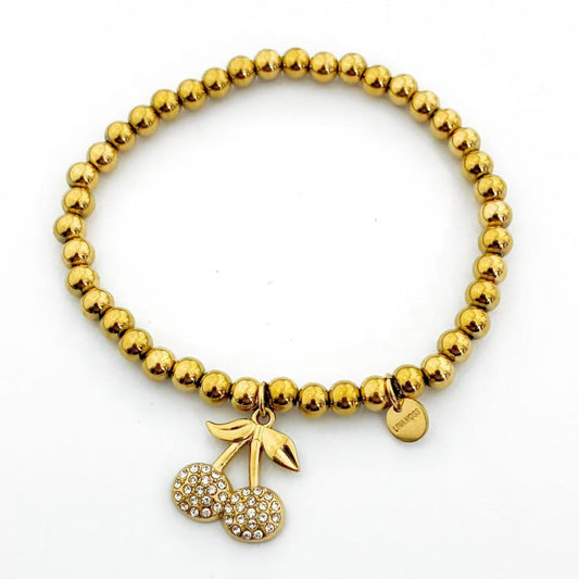 Bracciale con Perle Dorate & Ciondolo Ciliegia – Chic Luminoso e Femminile