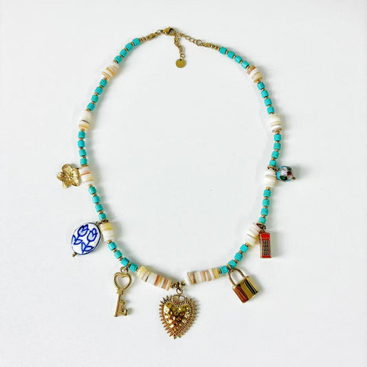 (C259)Collana con tanti pendenti in acciaio inox