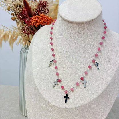 Collana “Fede & Luce” – Pietre Grigie e Croci in Acciaio Inossidabile