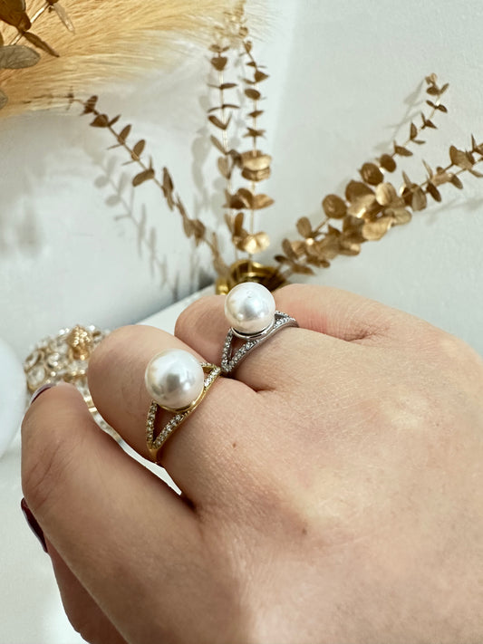 Anello con perla zircone regolabile acciaio inox (A67)